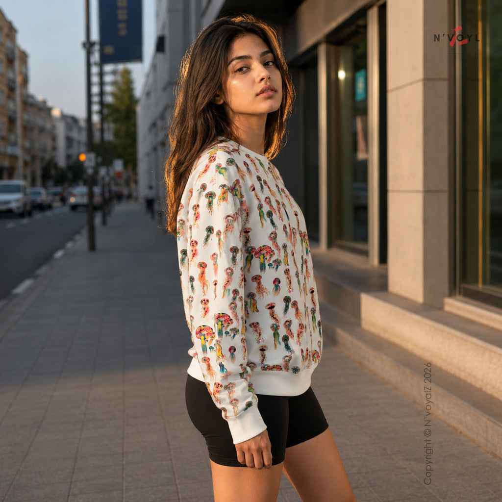 Jellyfish Print Full Sleeve Oversized Tshirt