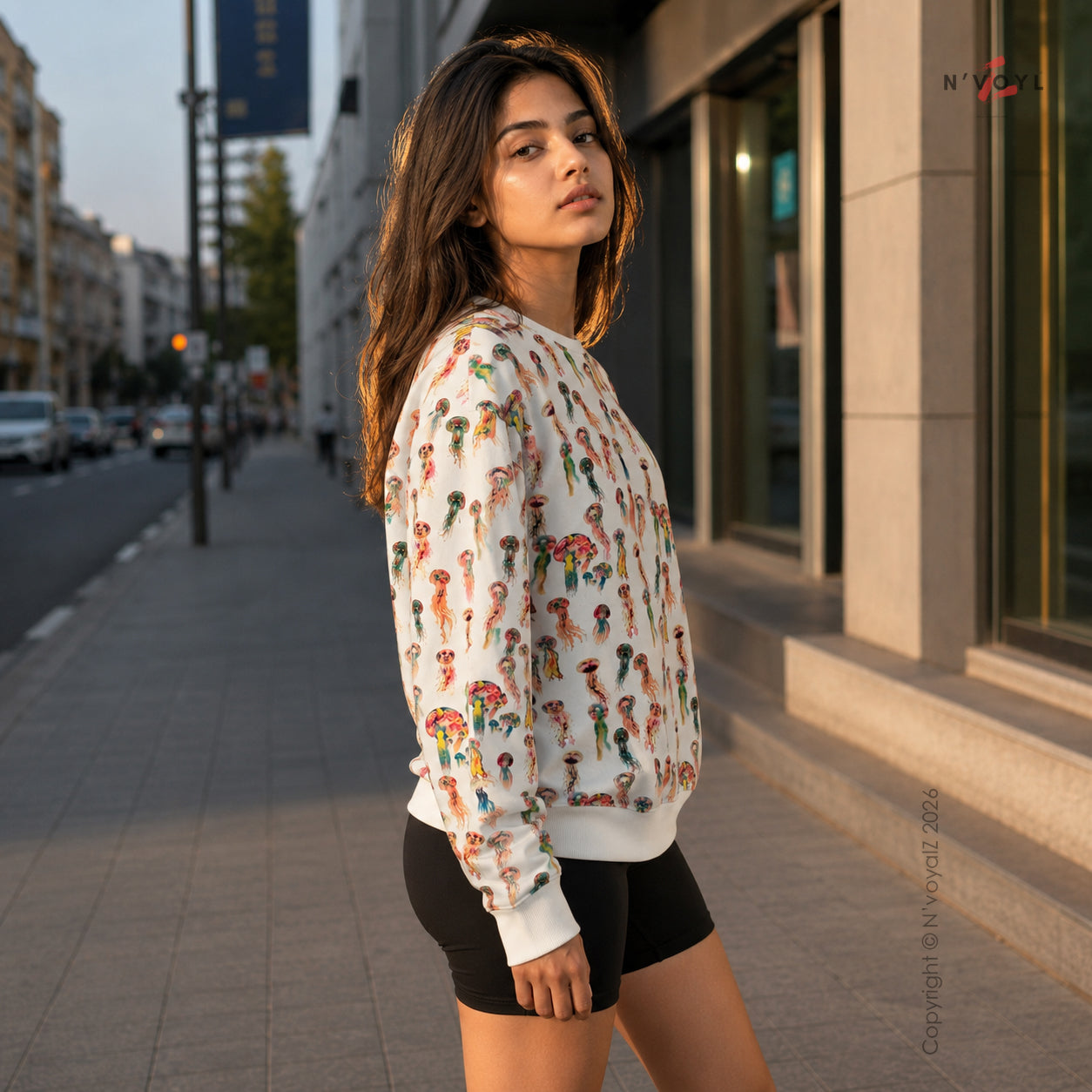 Jellyfish Print Full Sleeve Oversized Tshirt
