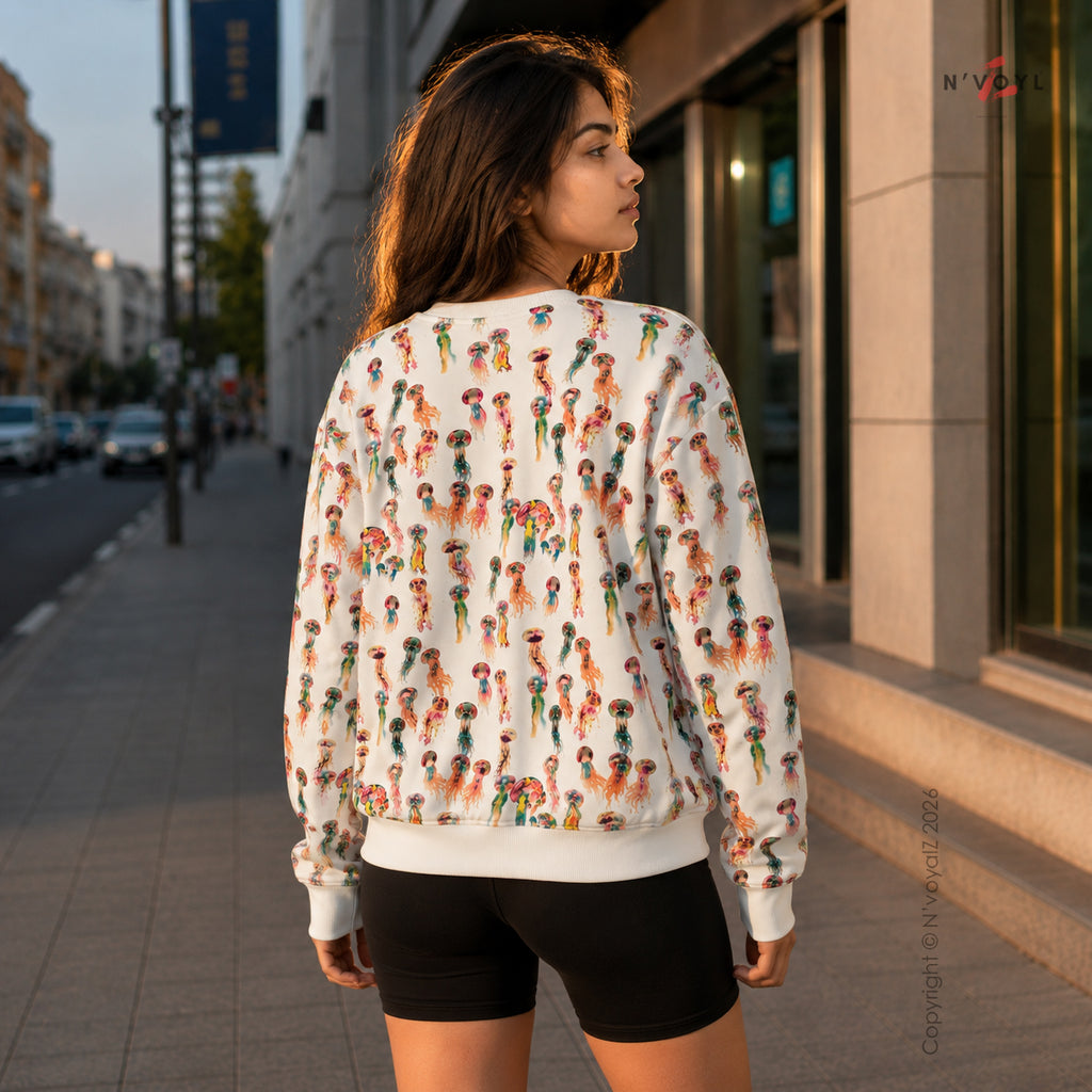 Jellyfish Print Full Sleeve Oversized Tshirt