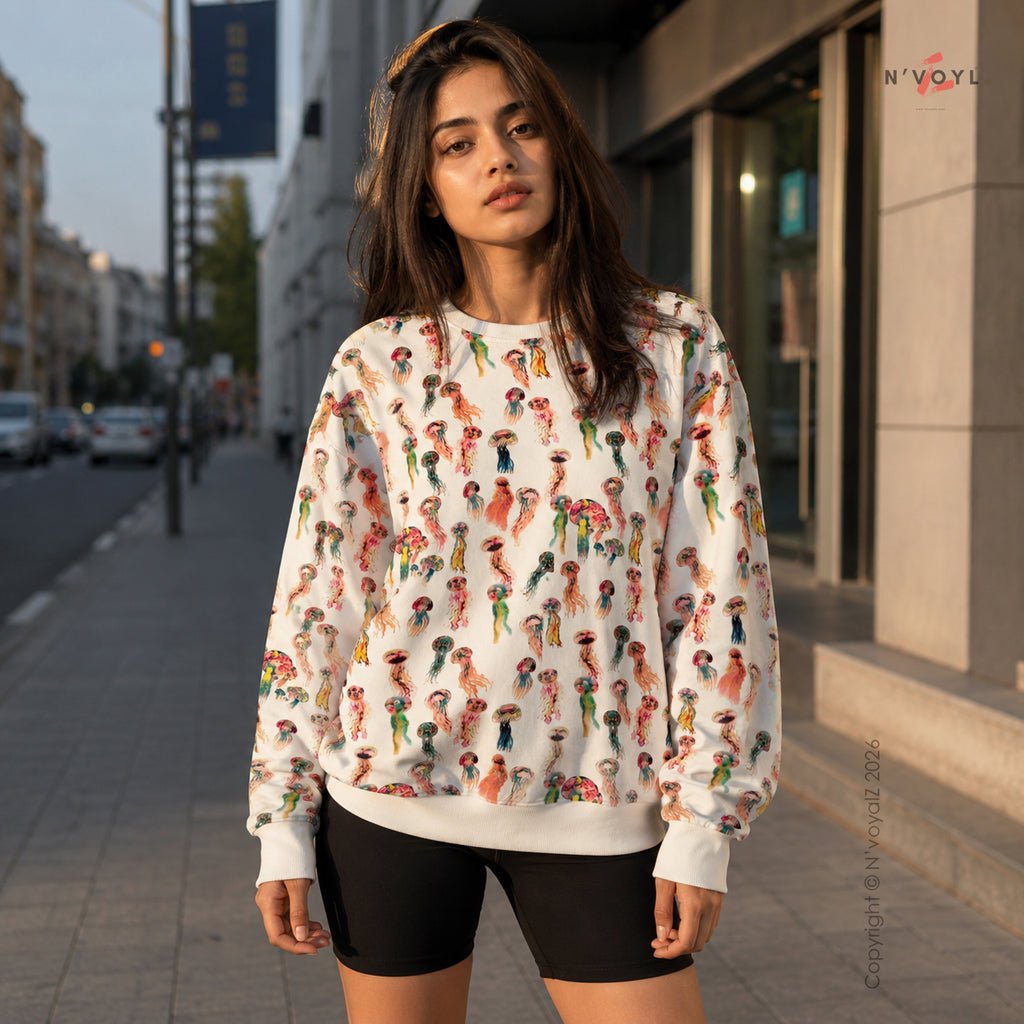 Jellyfish Print Full Sleeve Oversized Tshirt
