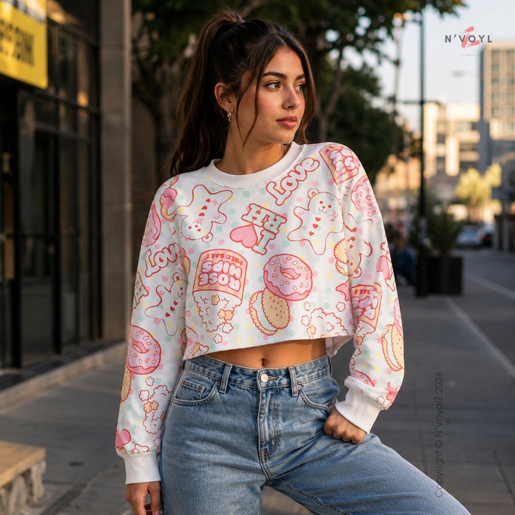 Kawaii Dessert Print Oversized Crop Top