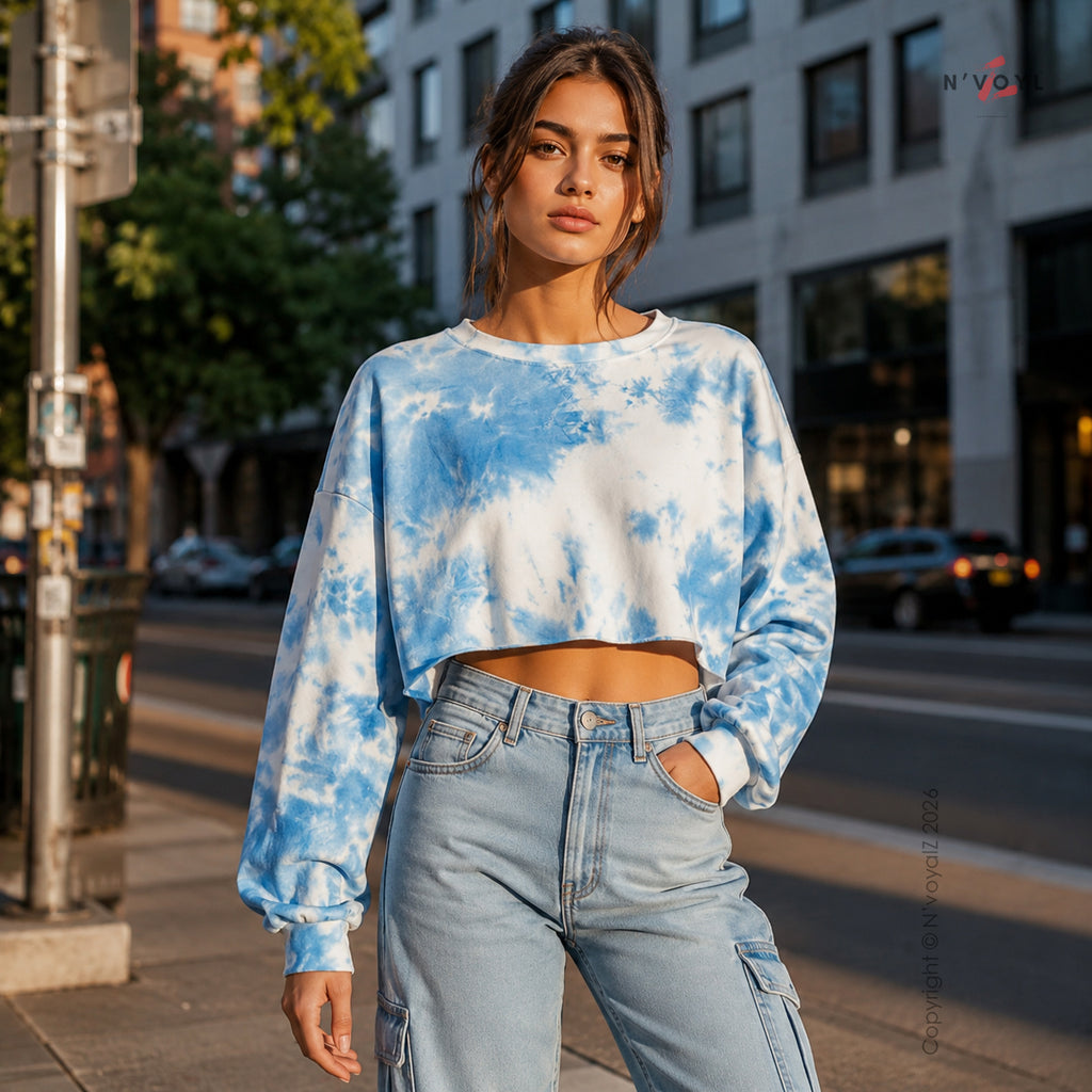 Sky Blue Tie-Dye Oversized Crop Top