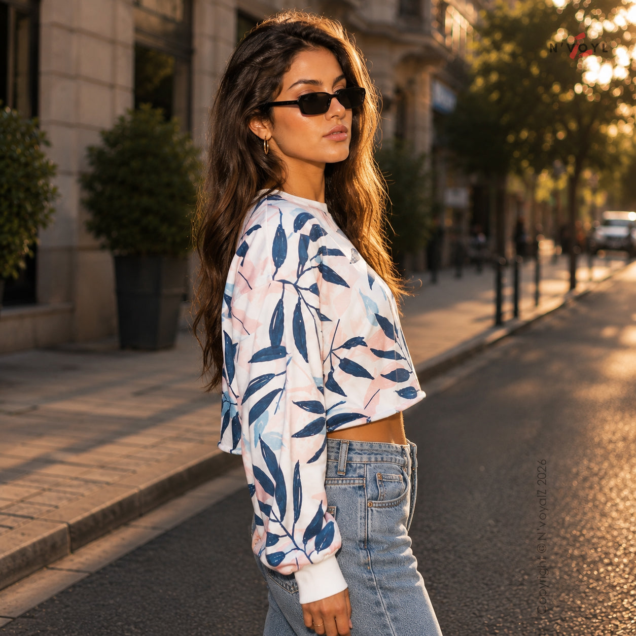 Botanical Leaf Print Oversized Crop Top
