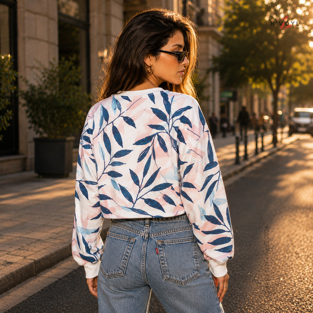 Botanical Leaf Print Oversized Crop Top