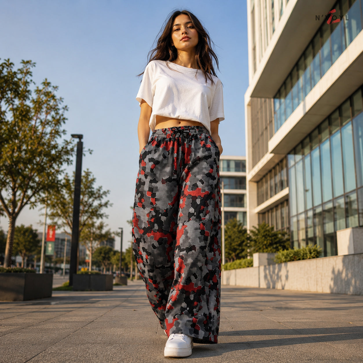 Crimson Pixel Camo Wide-Leg Pants
