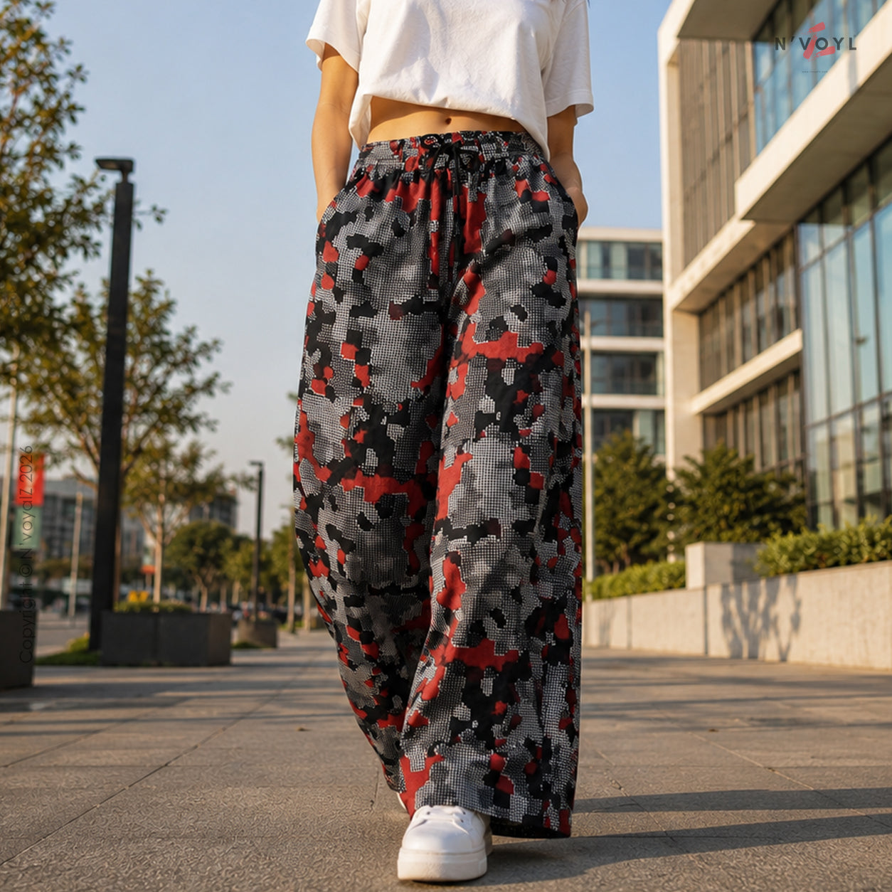 Crimson Pixel Camo Wide-Leg Pants