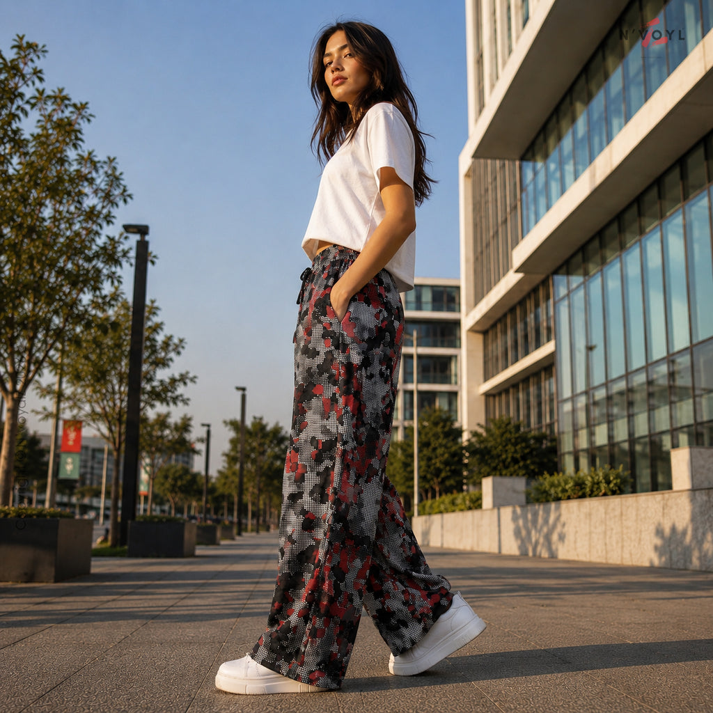 Crimson Pixel Camo Wide-Leg Pants