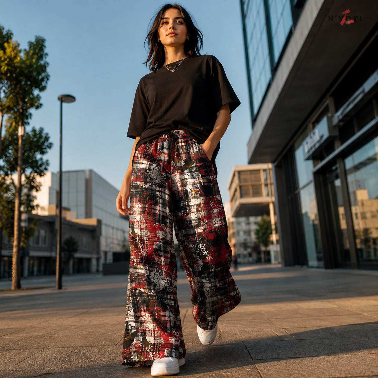 Women’s Red Grunge Plaid Wide Leg Pants