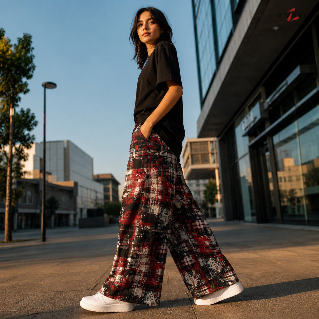 Women’s Red Grunge Plaid Wide Leg Pants