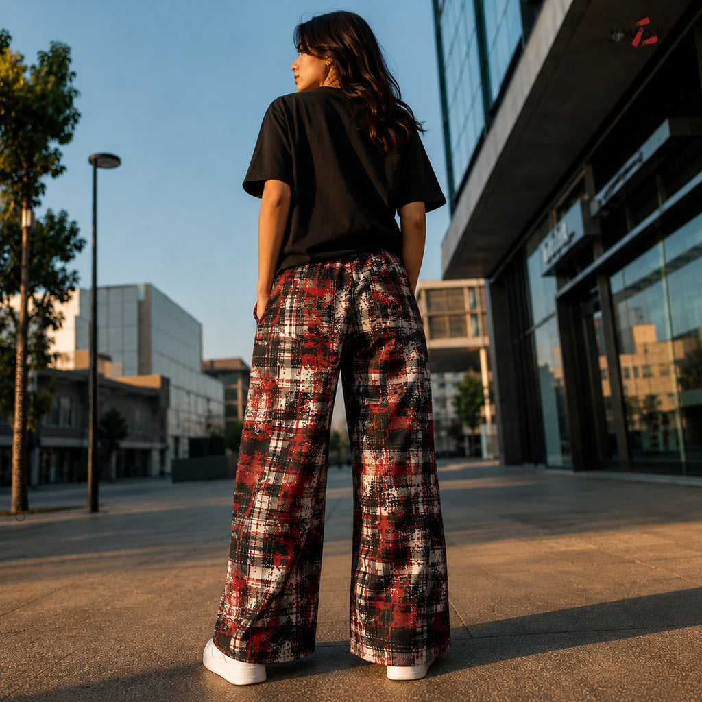 Women’s Red Grunge Plaid Wide Leg Pants