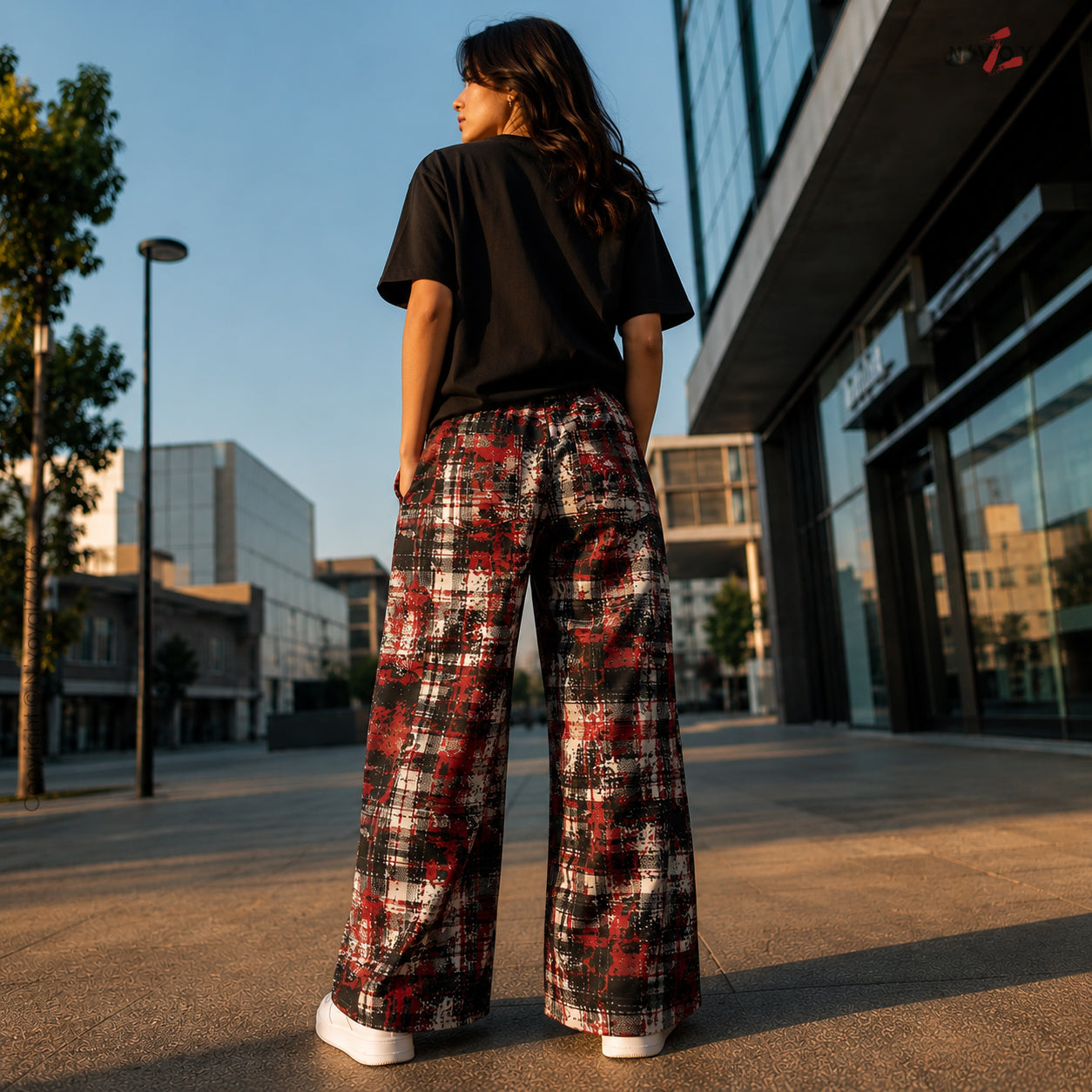 Women’s Red Grunge Plaid Wide Leg Pants
