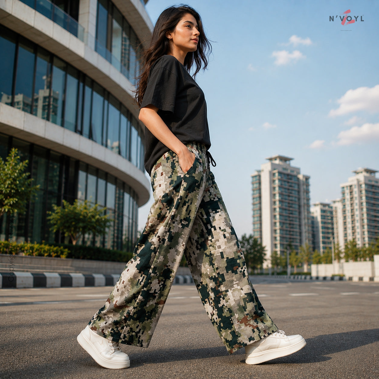 Korean Style Military Print Loose Fit Pants