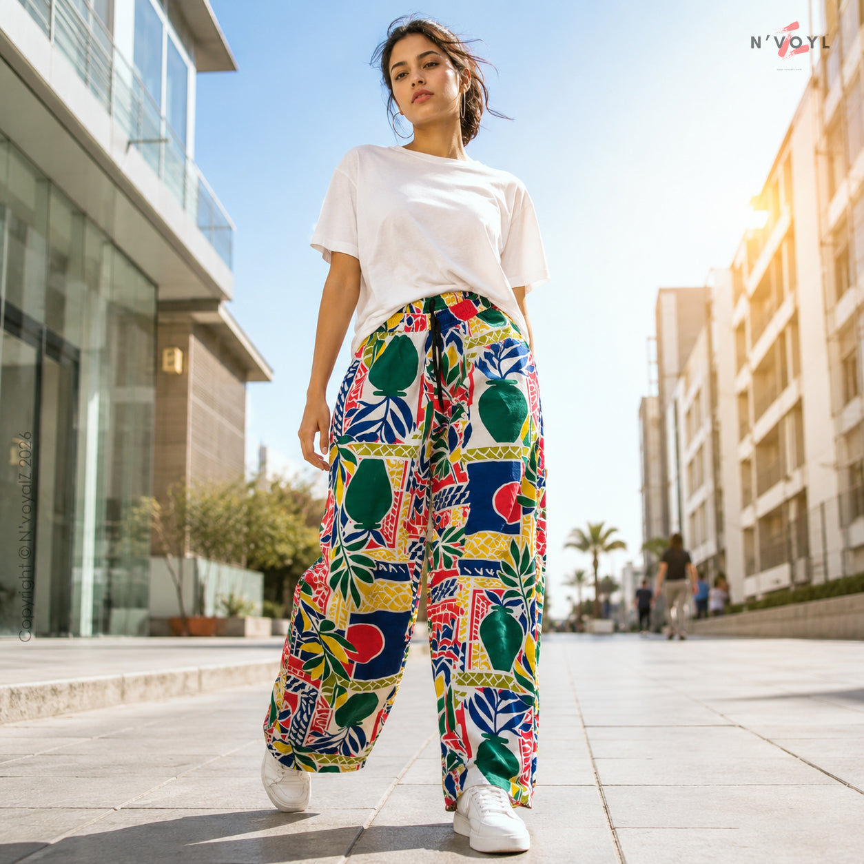 Tropical Print Wide Leg Pants