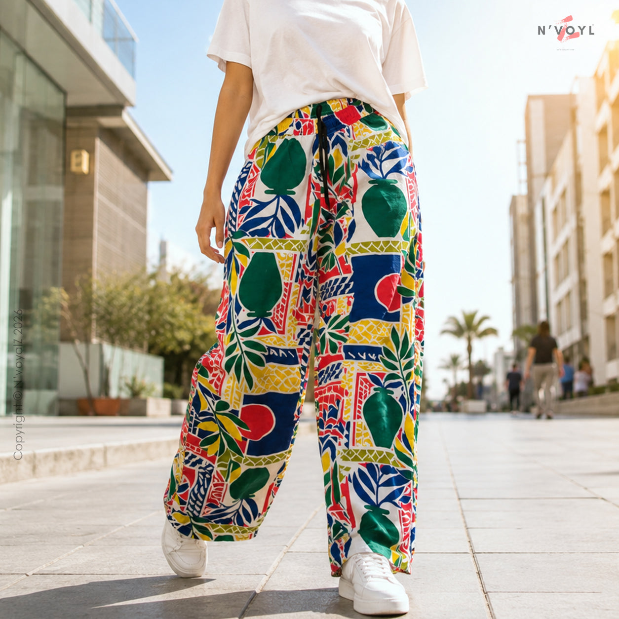 Tropical Print Wide Leg Pants