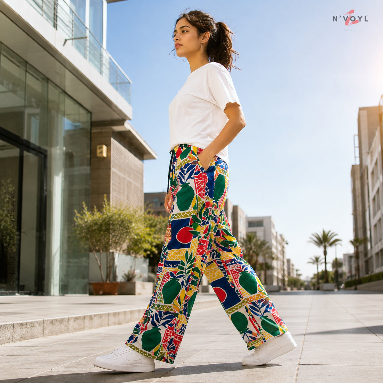 Tropical Print Wide Leg Pants
