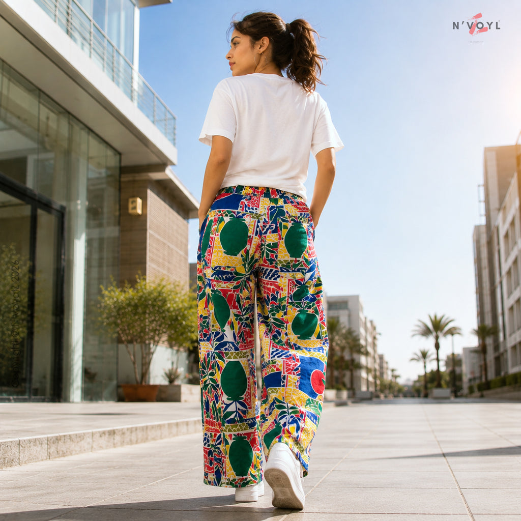 Tropical Print Wide Leg Pants
