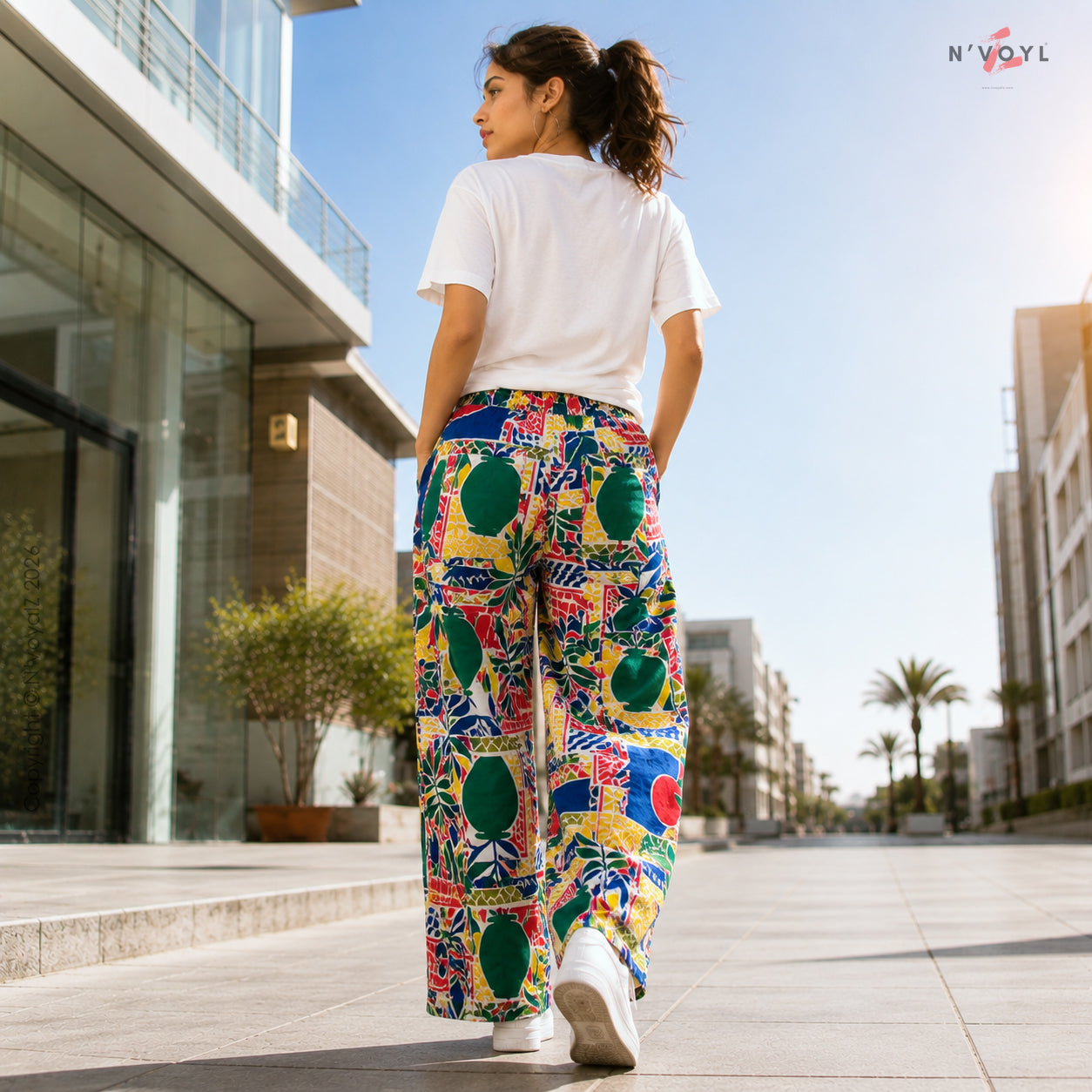 Tropical Print Wide Leg Pants