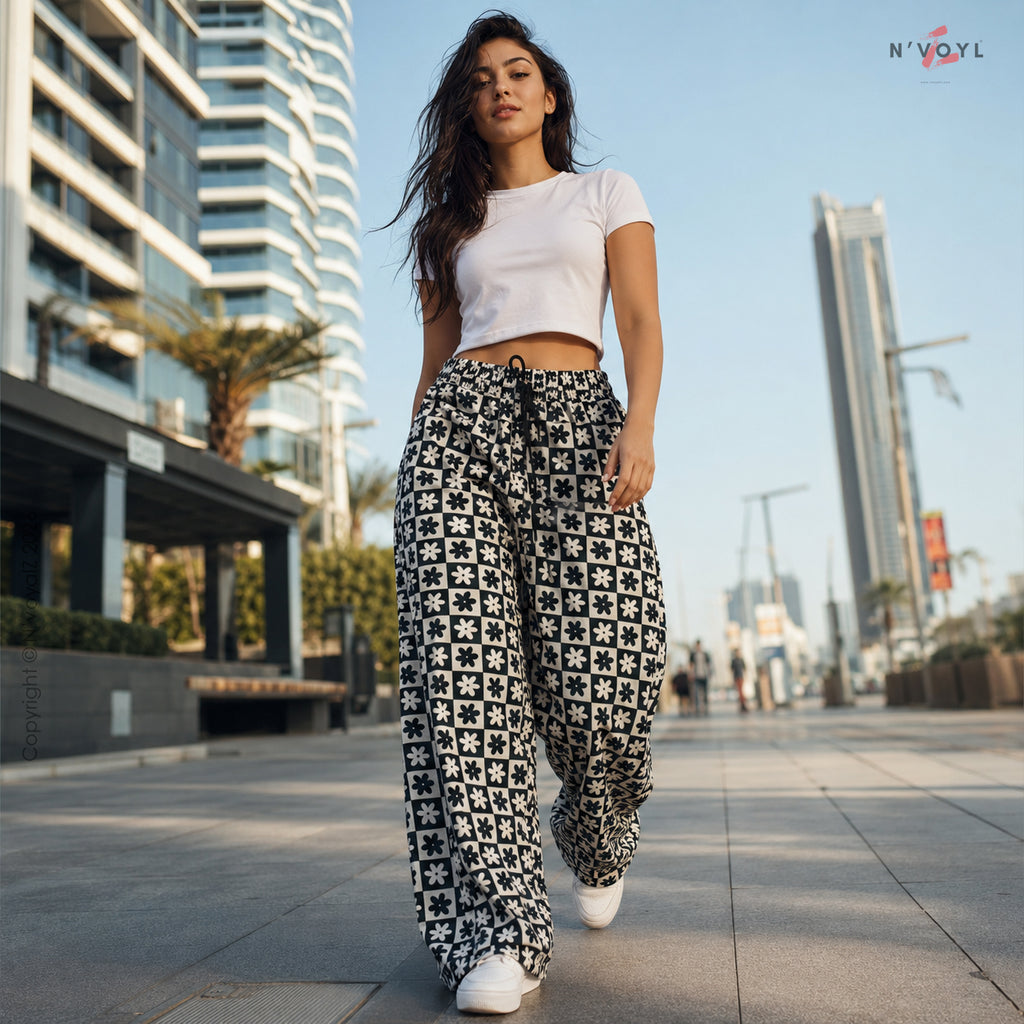 Retro Floral Checker Wide Leg Pants