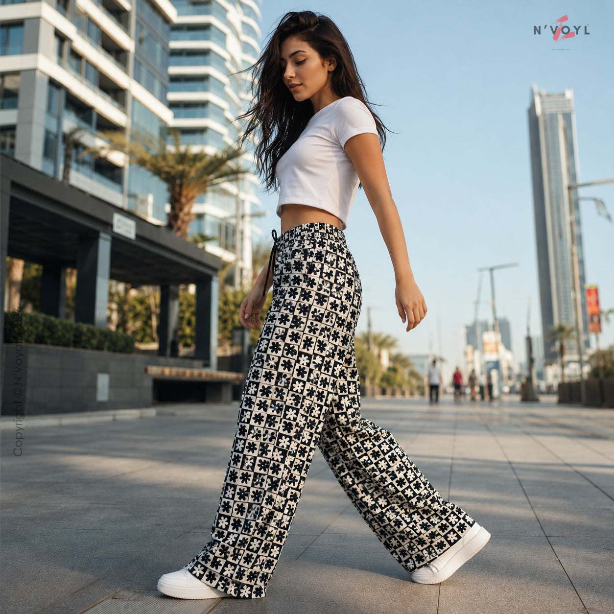 Retro Floral Checker Wide Leg Pants