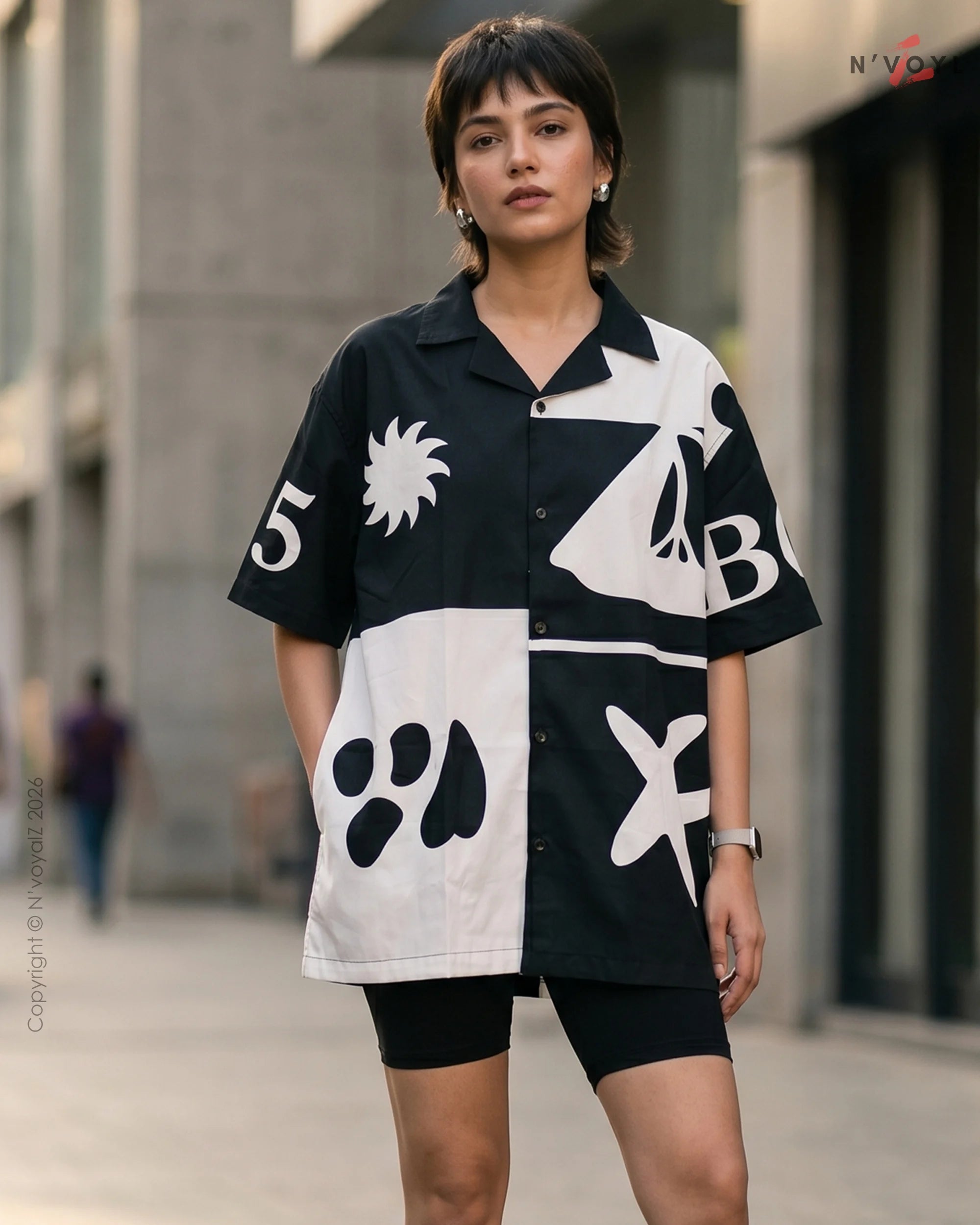 Black & White Graphic Cuban Collar Shirt