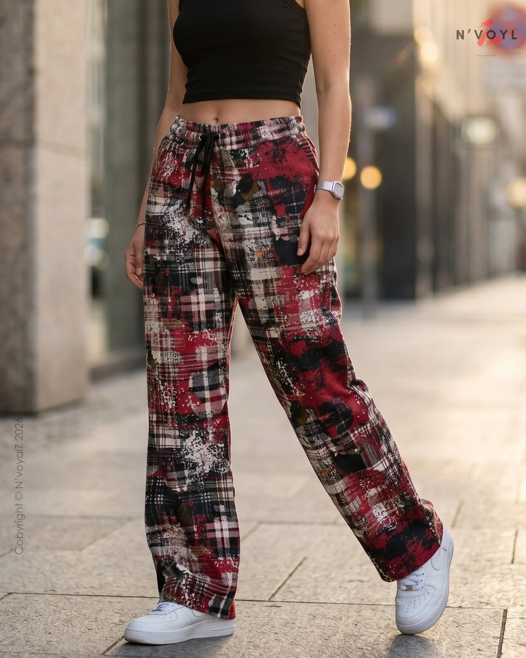 Women’s Red Grunge Plaid Wide Leg Pants