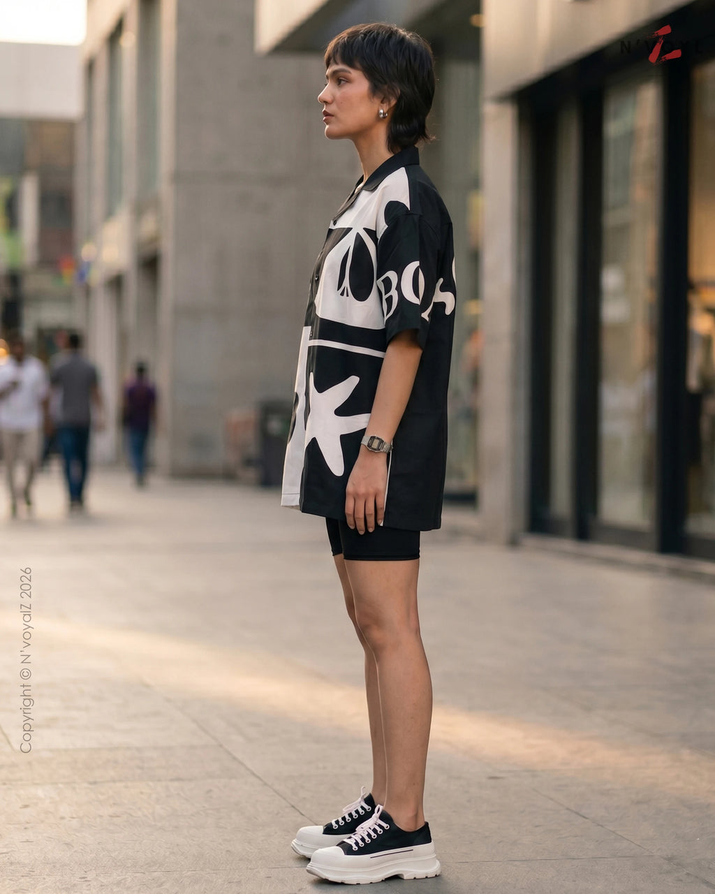 Black & White Graphic Cuban Collar Shirt