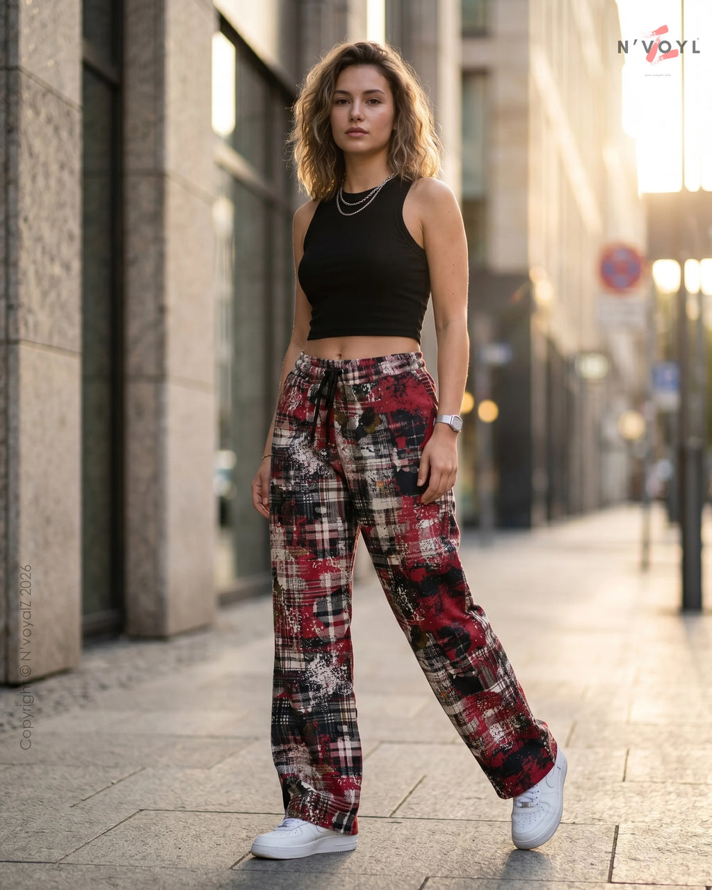 Women’s Red Grunge Plaid Wide Leg Pants