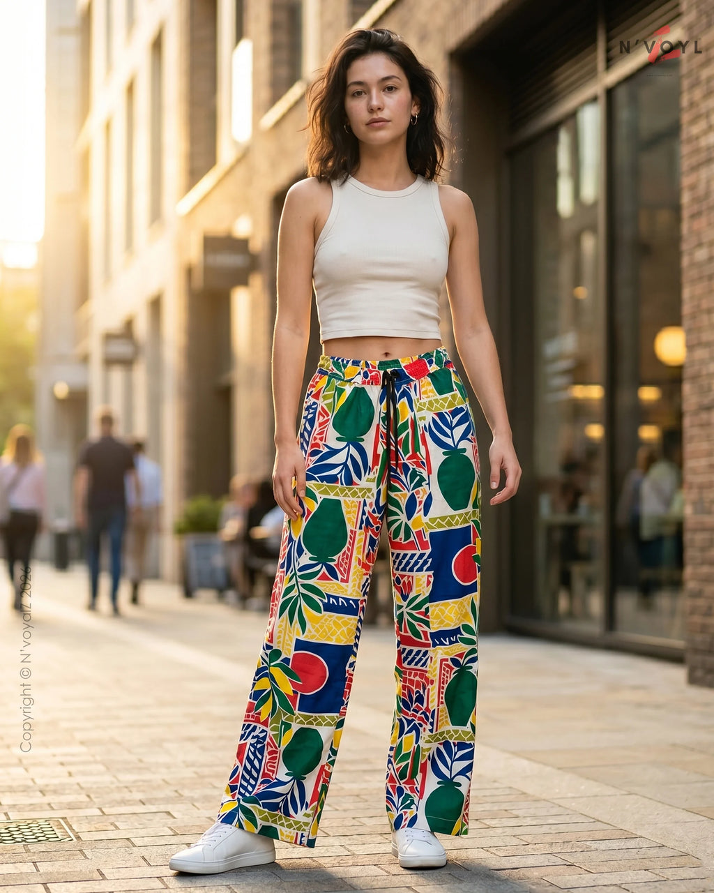 Tropical Print Wide Leg Pants