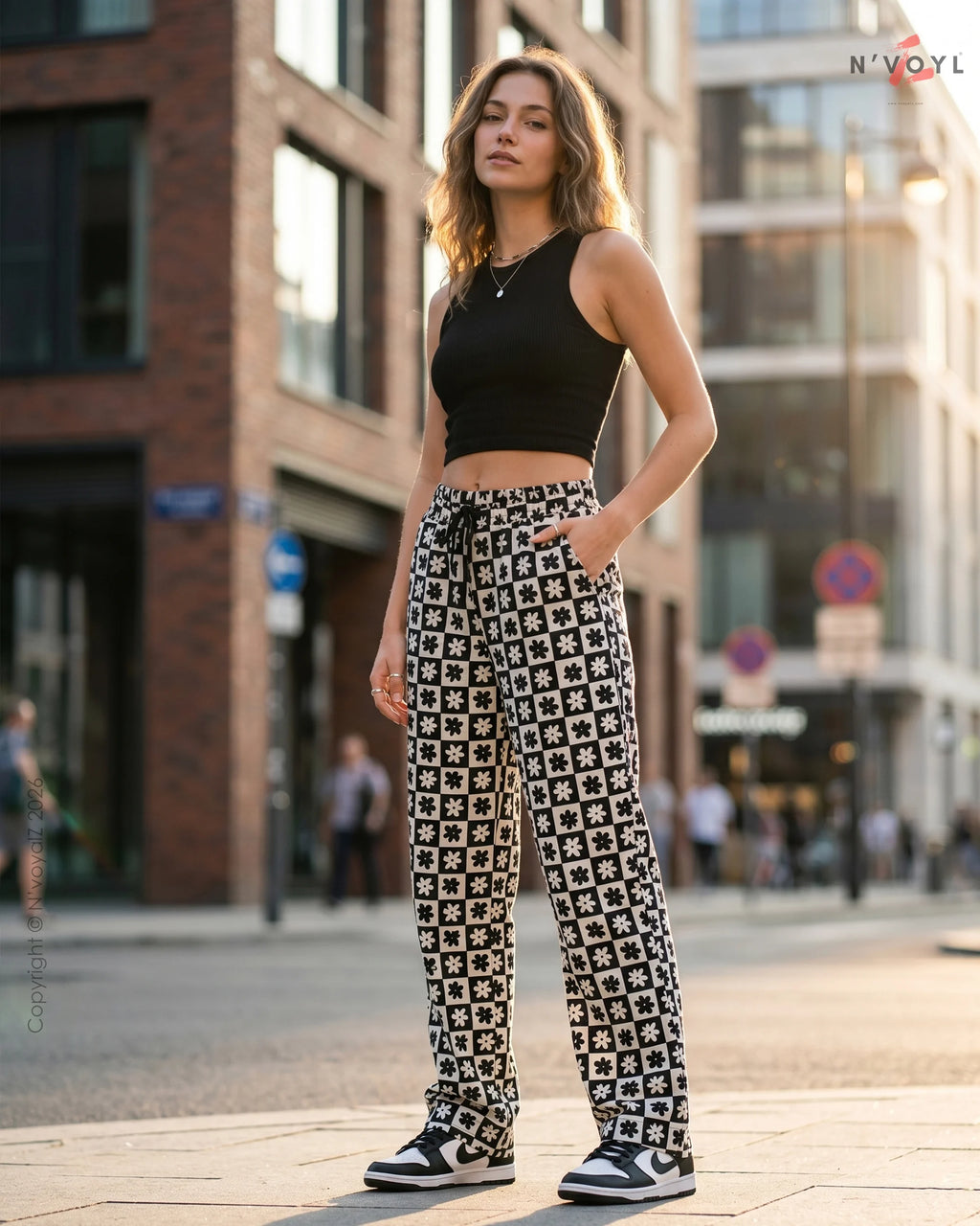 Retro Floral Checker Wide Leg Pants