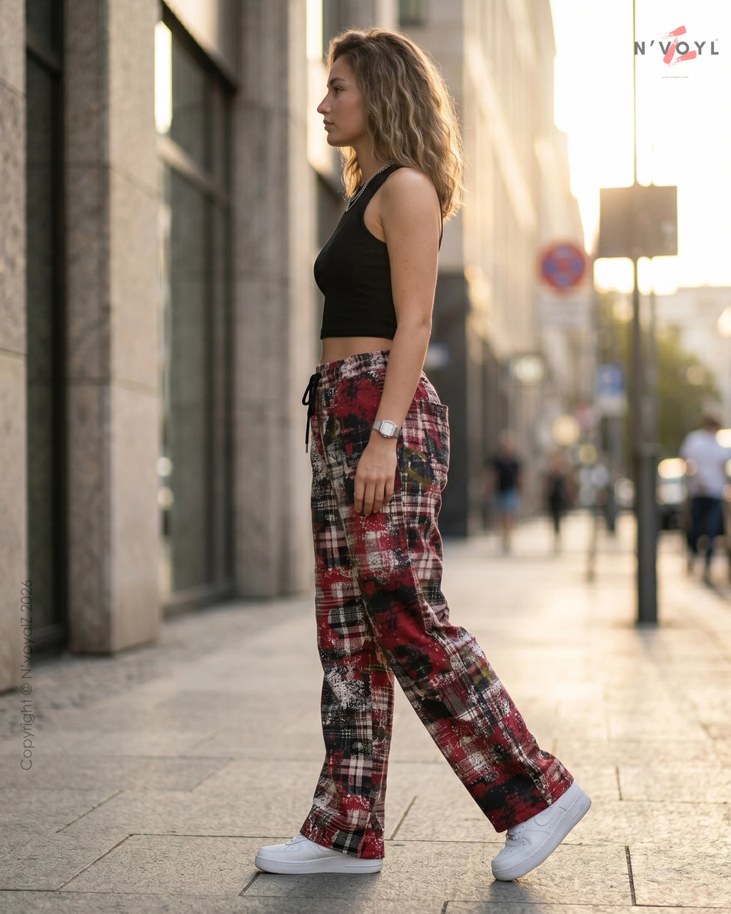 Women’s Red Grunge Plaid Wide Leg Pants