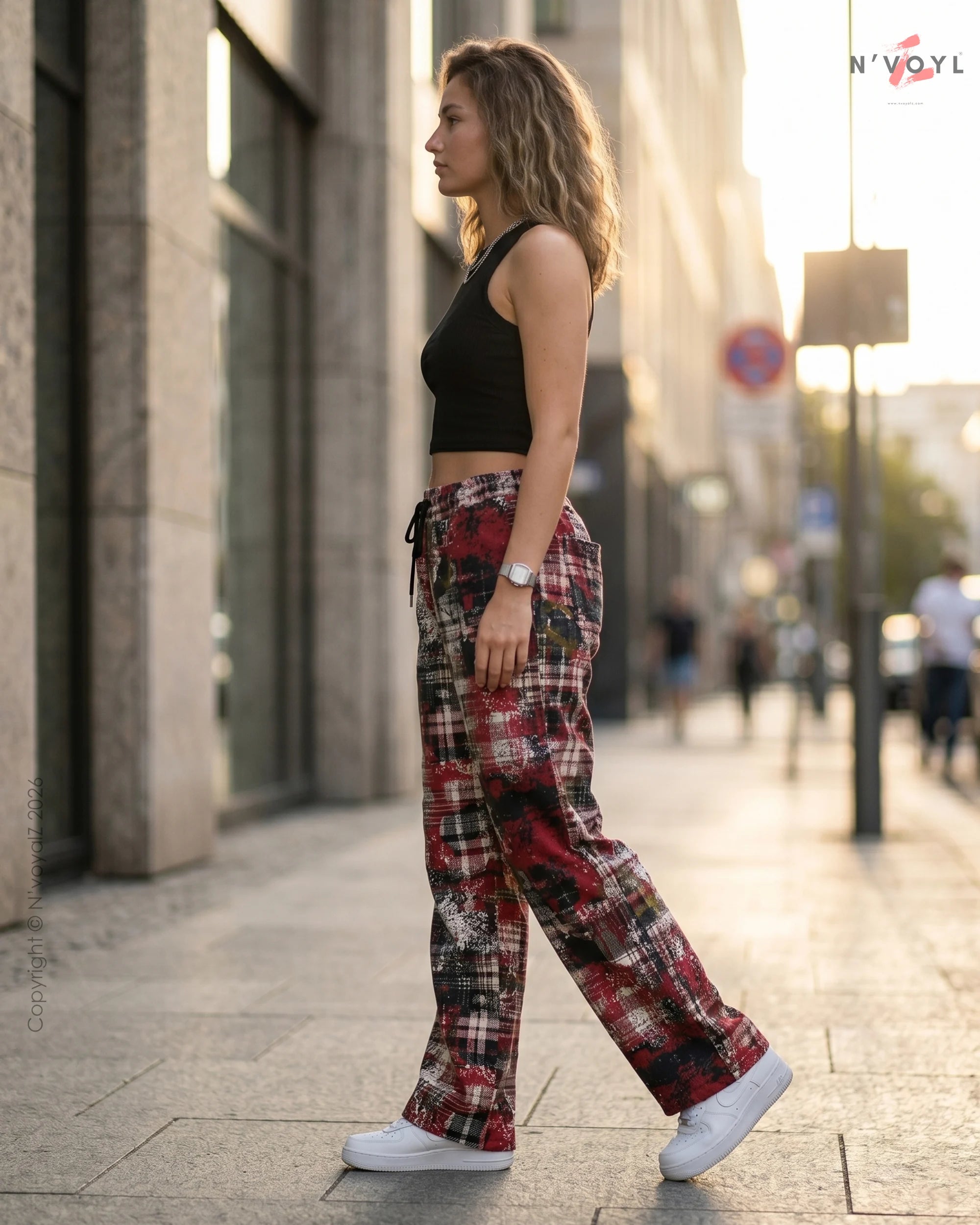 Women’s Red Grunge Plaid Wide Leg Pants