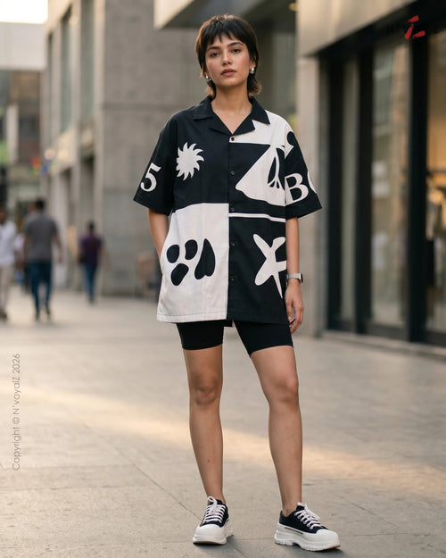 Black & White Graphic Cuban Collar Shirt