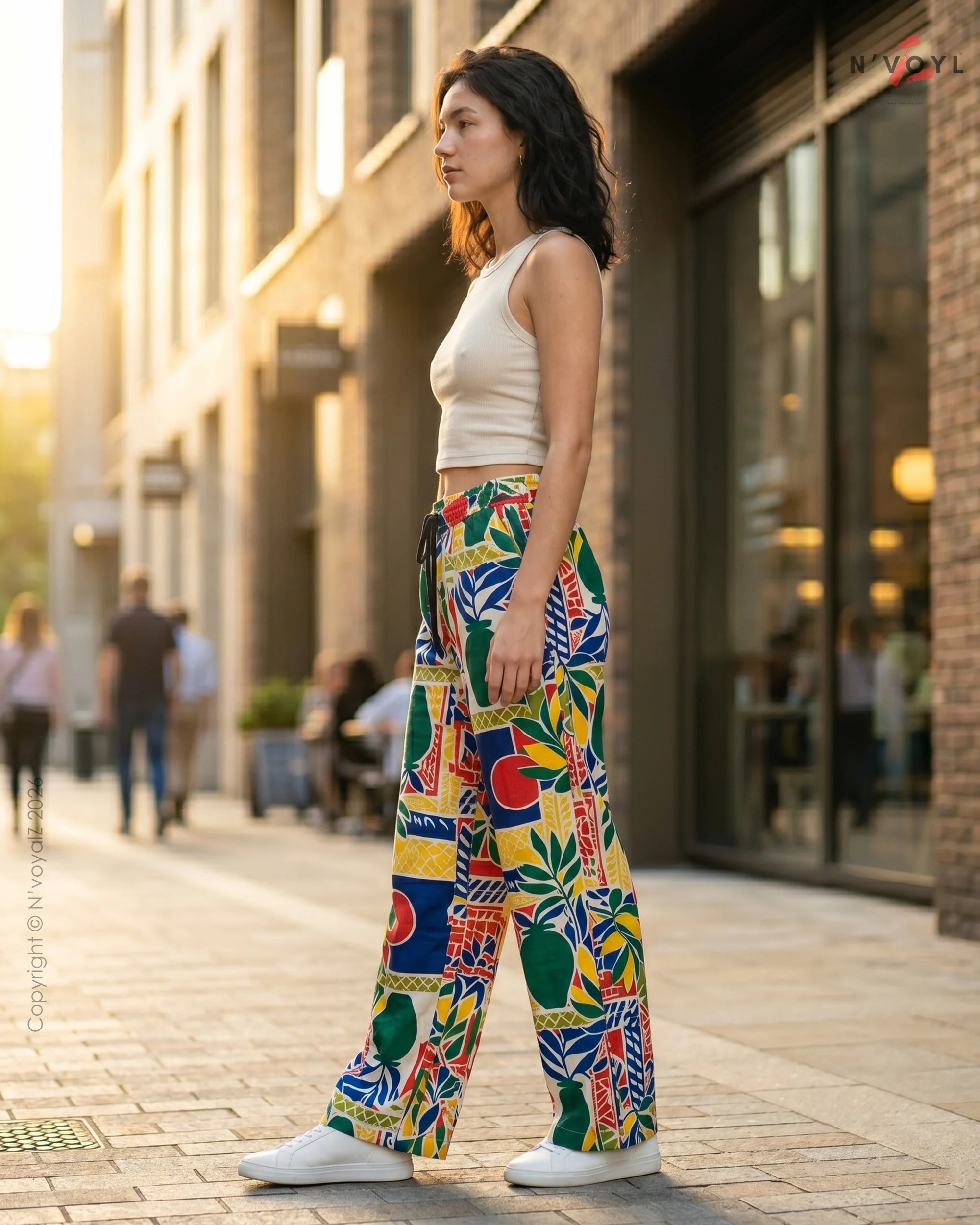 Tropical Print Wide Leg Pants