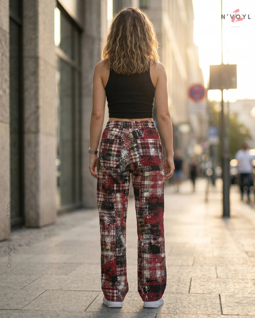Women’s Red Grunge Plaid Wide Leg Pants
