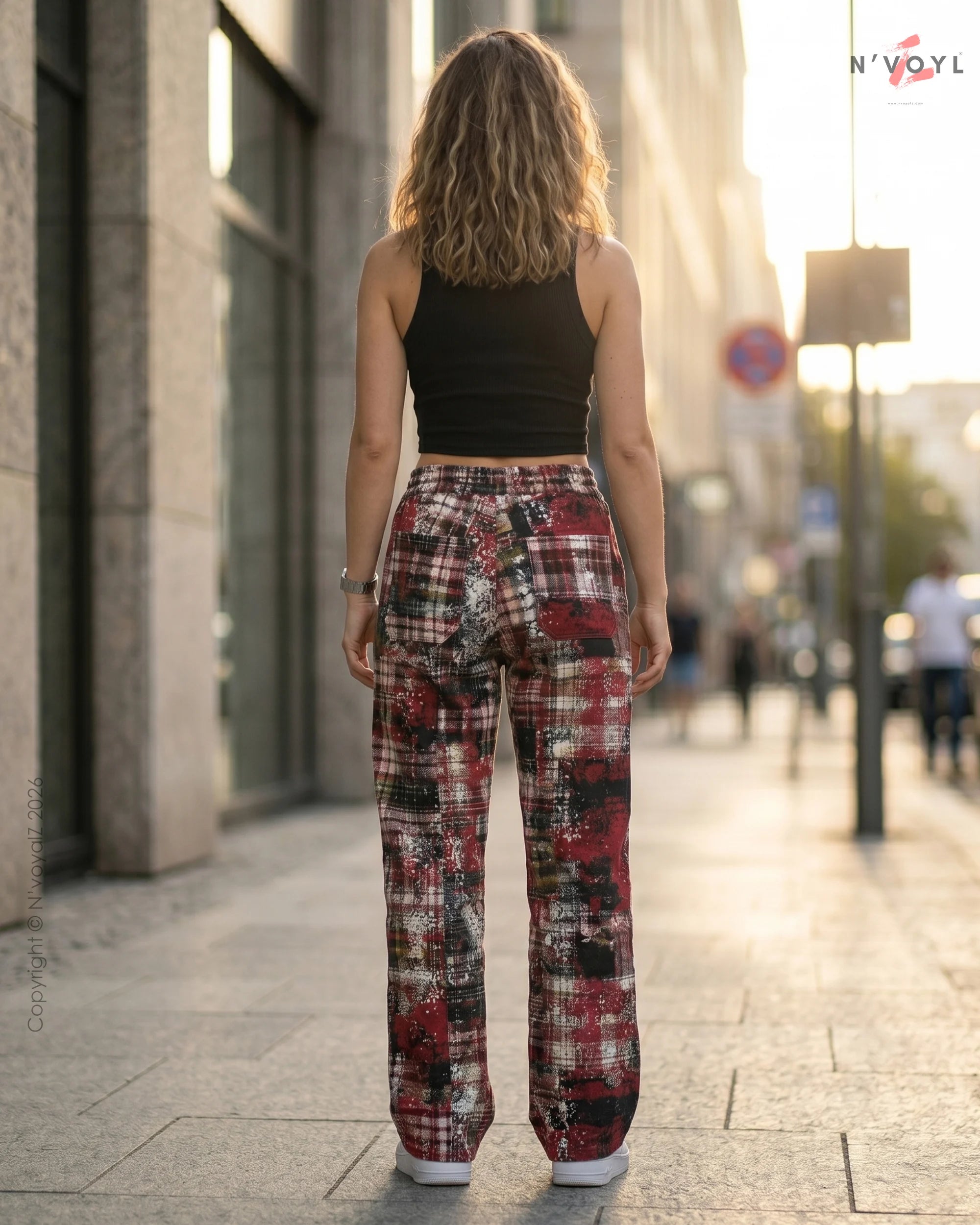 Women’s Red Grunge Plaid Wide Leg Pants